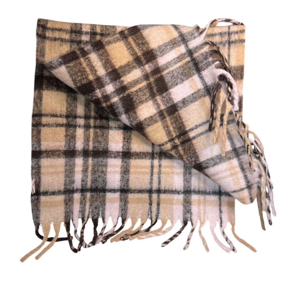 Juicy Couture Women’s Plaid Fringe Scarf 100% Polyester Brown Pink Tan - Picture 3 of 6